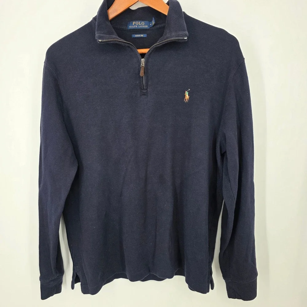 Polo Ralph Lauren Mens Navy Blue Estate Rib Quarter Zip Pullover Sweater Medium